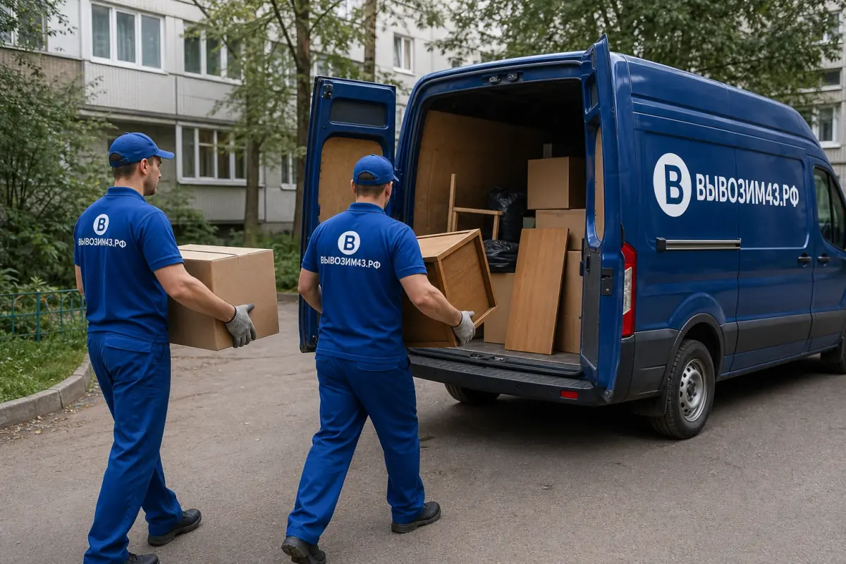 Грузчики ВЫВОЗИМ43.РФ загружают мебель в машину